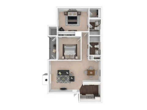 Floor plan for 2 beds, 2 baths, 784 sqft